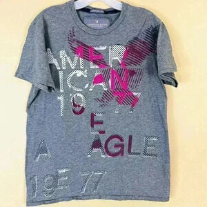 American Eagle Vintage Fit Gray &‎ Pink 1977 100% Crew Cotton Tee Size M